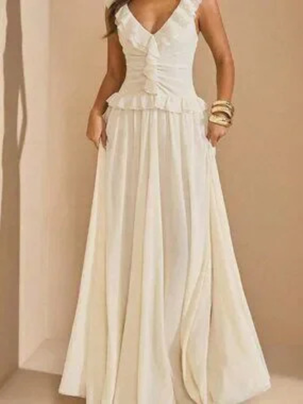 ZARA Apricot Sexy Women's Plain Sleeveless V Neck Flared A Line Maxi Dress - Picture 6 of 7